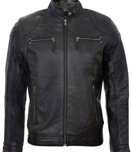 Mens Moto Leather Biker Jacket-Taiwan - Black