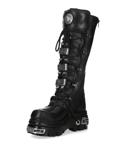 New Rock M-161-C10 Knee High Black Leather Spiked Gothic Boots