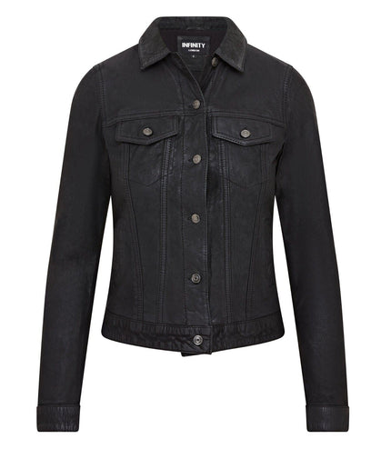 Womens Black Leather Trucker Jeans Jacket-  Doha