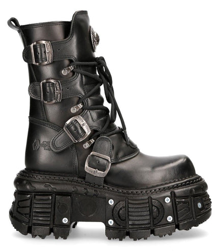 New Rock Unisex Black Leather Combat Platform Boots - TANK373-S1