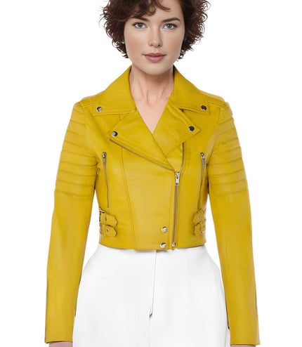 Womens Cropped Brando Leather Biker Jacket-Damascus - Yellow