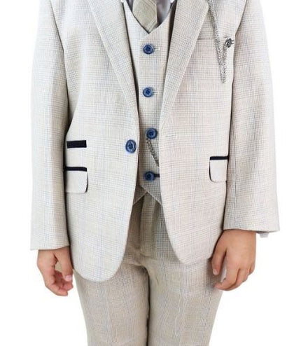 Boys 3 Piece Cream Herringbone Tweed Check Classic  Suit