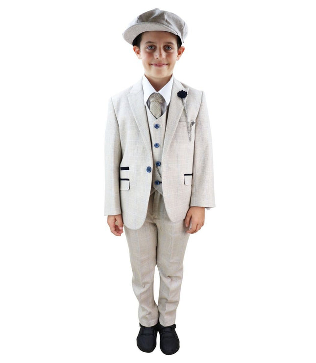 Boys 3 Piece Cream Herringbone Tweed Check Classic  Suit