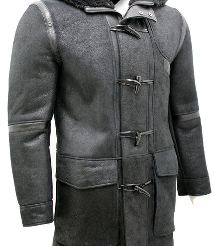Mens Winter Sheepskin Leather Hooded Duffle Coat-Montpellier