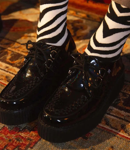 TUK Viva High Creeper Black Leather Platform Lace-Up Goth Shoes - AV6802