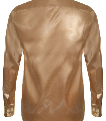 Mens Gold Satin Silk Shirt Smart Casual Button Down Cuff Tailored Fit