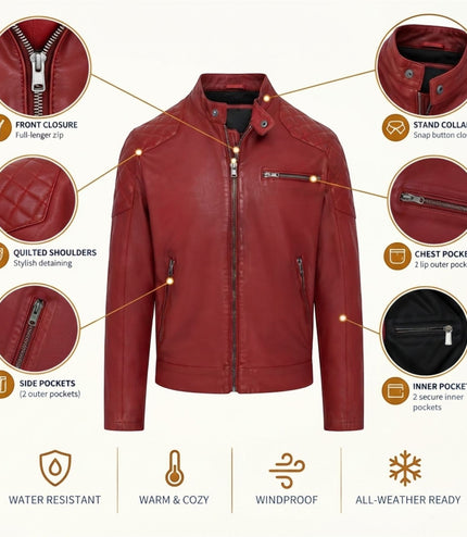 Mens Red Leather Quilted Shoulder Biker Jacket - Rock