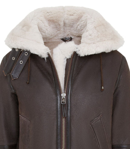 Womens Creck Brown Hooded Sheepskin Flying Leather Jacket-Palermo