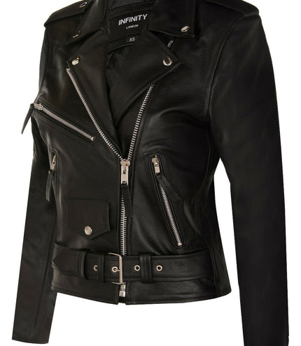 Women's Cowhide Brando Leather Biker Jacket-Murcia - Black