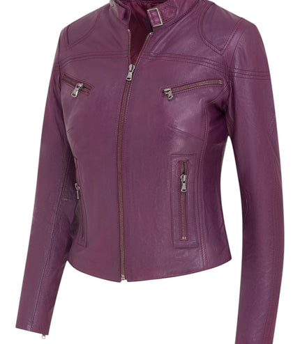 Womens Slim-Fit Leather Biker Jacket-Maldon - Purple