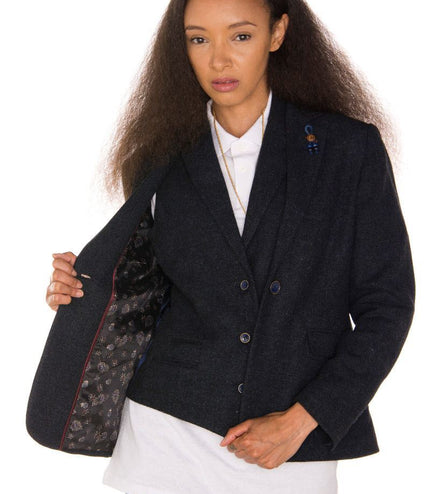 Womens Tweed 1920s Herringbone Navy Blazer