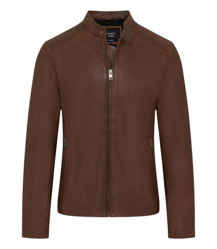 Mens Leather Brown Stand Collar Cafe Racer Biker Jacket - E184