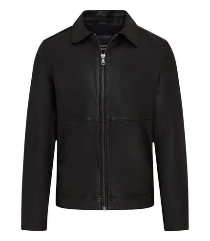 Mens Leather Black Harrington Collar Biker Jacket - Alpha