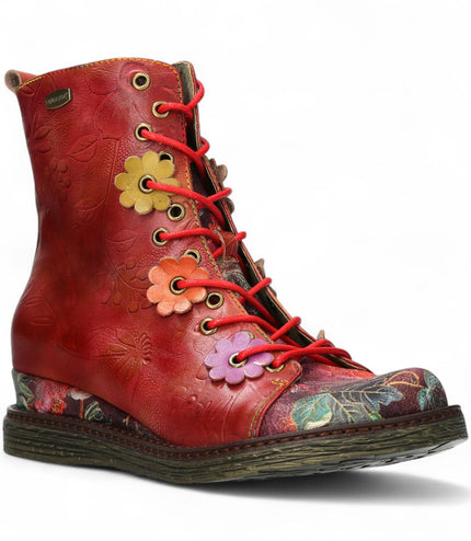 Laura Vita Ercnaulto 212 Red Floral Womens Gothic Victorian Leather Ankle Heeled Boots