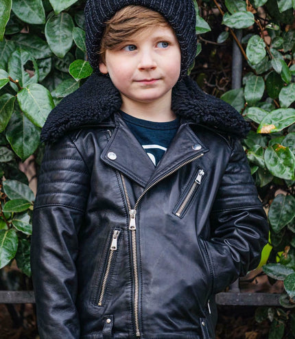 Kids Boys 100% Leather Detachable Collar Biker Jacket