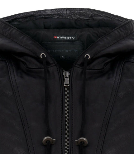 Men's Casual Leather Hooded Bomber Jacket-Odesa - Black