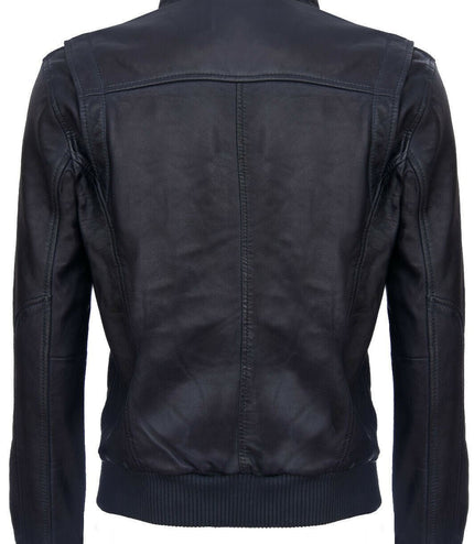 Mens Leather Varsity Bomber Jacket-Adana - Navy
