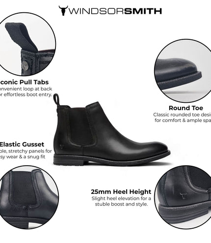Windsorsmith Mens Black Leather Chelsea Ankle Dealer Boots - Sergio