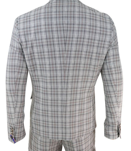 Mens 3 Piece Grey Check Retro Vintage Classic Suit