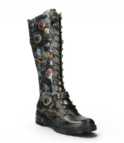 Laura Vita Women's Victorian Floral Black Leather High Lace-Up Long Boots - Cocrailo-82