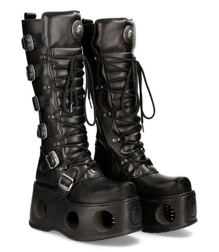 New Rock M-272-S2 Neptuno Metallic Knee High Black Leather Gothic Boots