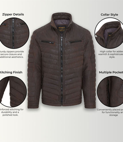 Men's Puffer Leather Biker Quilted Vintage Bomber Jacket - Brown