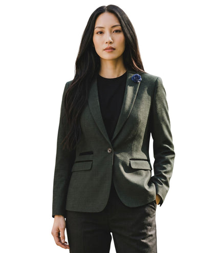 Women's Green Check Wool Blend Herringbone Tweed Tailored Blazer - Caridi