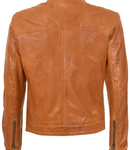 Men's Classic Fitted Leather Biker Jacket-Austin - Tan
