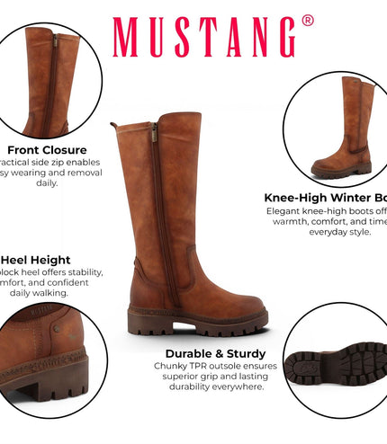 Mustang Women's Cognac Brown Knee High Chunky Long Winter Boots - M0062001