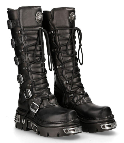 New Rock Knee High Black Leather Gothic Boots - 272-S1