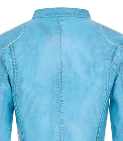 Womens Biker Racing Badges Blue Leather Jacket-Eastleigh