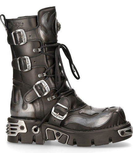 New Rock Flame Accented Black/Silver Leather Biker Boots - 107-S2