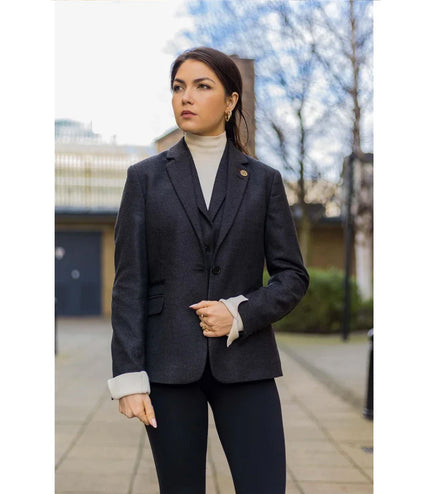 Womens Black Herringbone Check Tweed Wool Blend Blazer