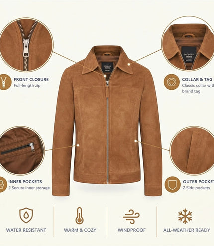 Mens Navy Goat Suede Leather Harrington Biker Jacket - Berlin