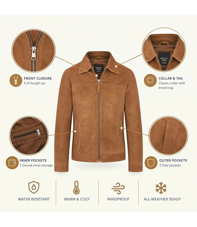 Mens Navy Goat Suede Leather Harrington Biker Jacket - Berlin