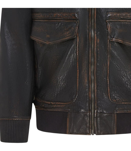 Men's Leather Bomber Sheepskin Collar G-1 Aviator Jacket - Linear - Black