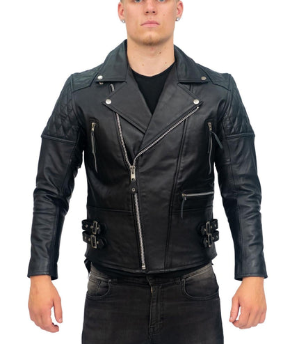 Mens Cowhide Leather Biker Jacket-Nassau - Black