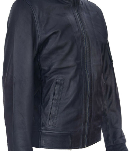 Mens Leather Varsity Bomber Jacket-Adana - Navy