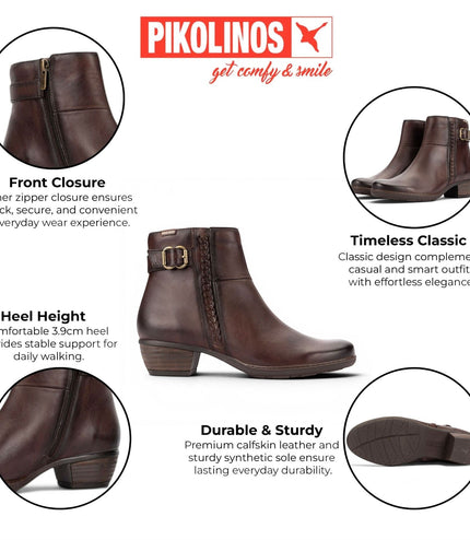 Pikolinos Women's Caoba Red Leather Heel Ankle Boots - Utiel