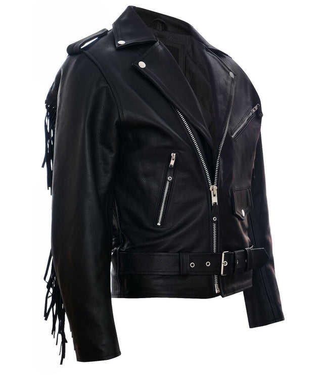 Mens Fringe Hide Leather Biker Jacket- Tokyo