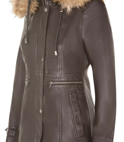 Womens Warm Leather Hooded Parka Jacket-Northwich - Brown
