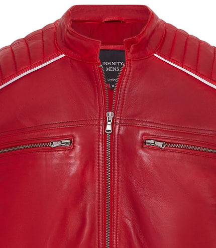 Mens Quilted Biker Leather Jacket Racing Jacket - Red