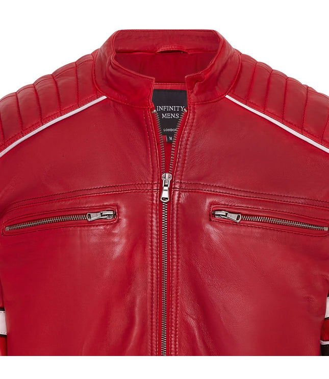 Mens Quilted Biker Leather Jacket Racing Jacket - Red