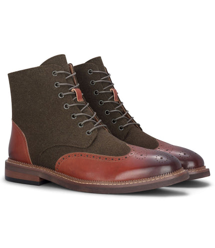 Justin Reess Men's Khaki Brown Brogue Leather Ankle Boots - Clifford