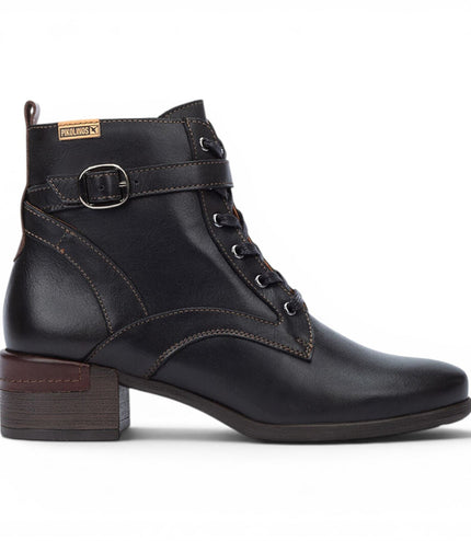 Pikolinos Women's Black Leather Lace-Up Mid-Heel Ankle Boots - Malaga