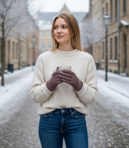 Womens Nude Beige Italian Leather Winter Button Design Soft Wool Lining Gloves - L-GLV-501