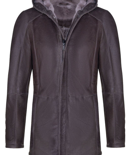 Mens Sheepskin Hooded Parka Coat-Alafaya