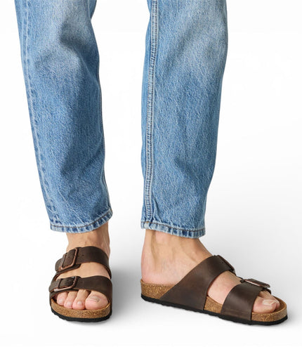 Tamaris Men's Brown Leather Slip-On Footbed Slipper Sandals