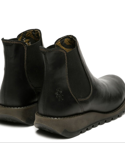 Fly London Womens Black Salv Chelsea Leather Ankle Casual Wedge Heel Boots