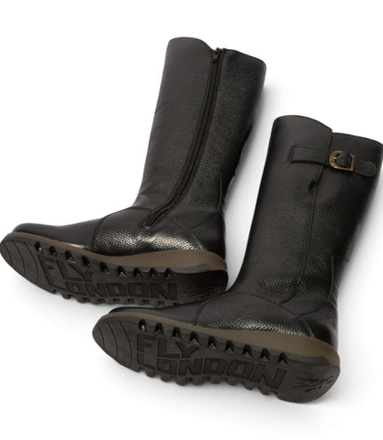 Fly London Womens Black Leather Wedge Heel Knee High Long Boots - MOL2